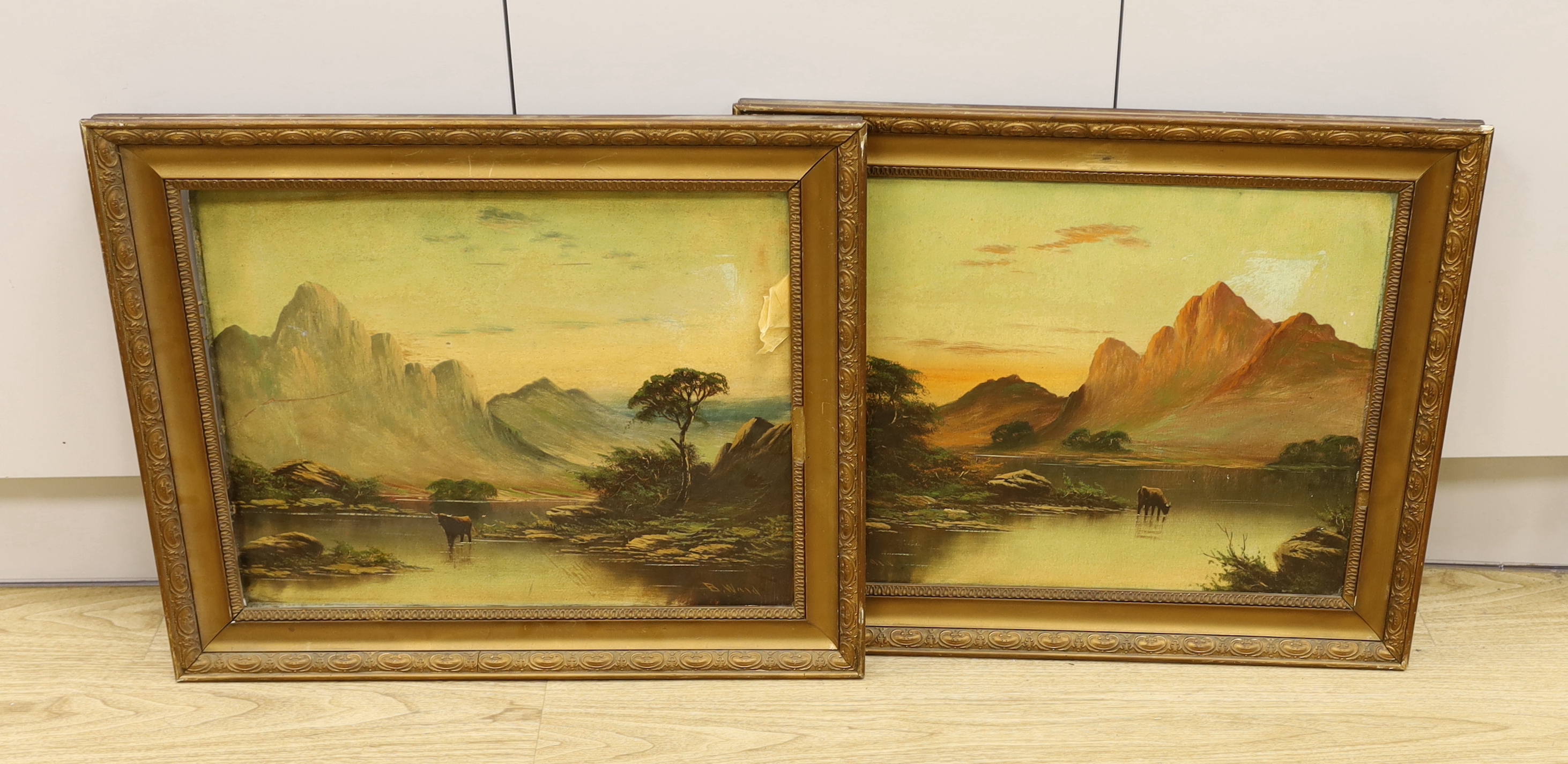 B Ward (19th/20th. C), pair of oils on board, Mountainous landscapes with highland cattle, each signed, 39 x 49cm